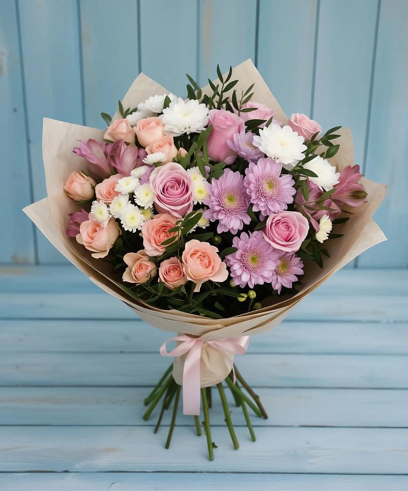 Букет цветов из: Хризантемы, Розы и Альстромерии в Шабровском