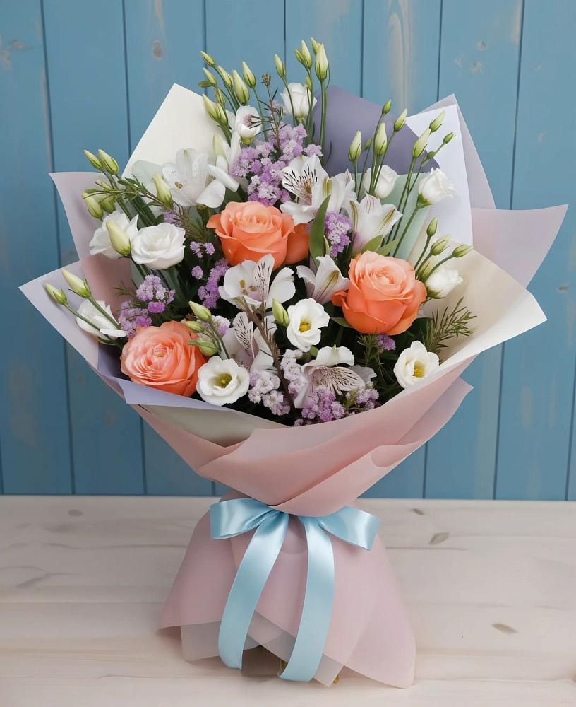 Букет цветов из: Лизиантусы, Розы, Альстромерии и Гипсофила в Шабровском