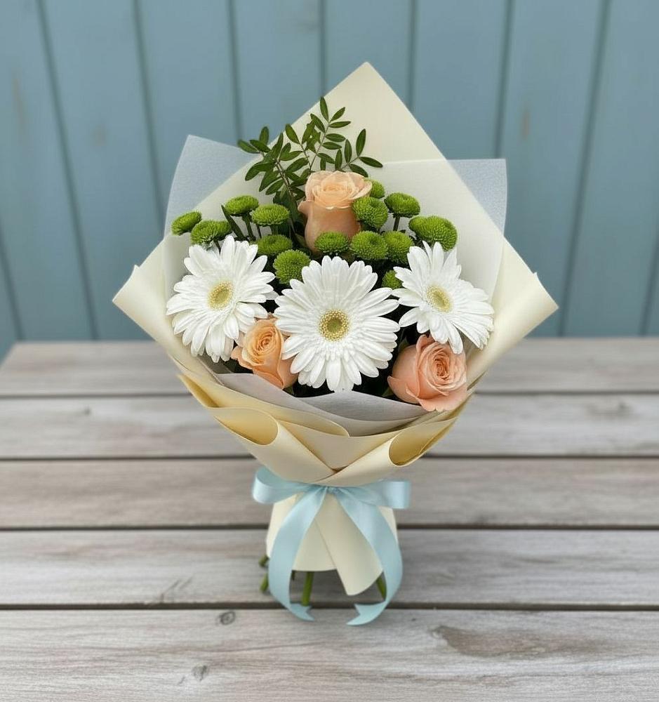Букет цветов из: Герберы, Розы и Хризантемы в Шабровском