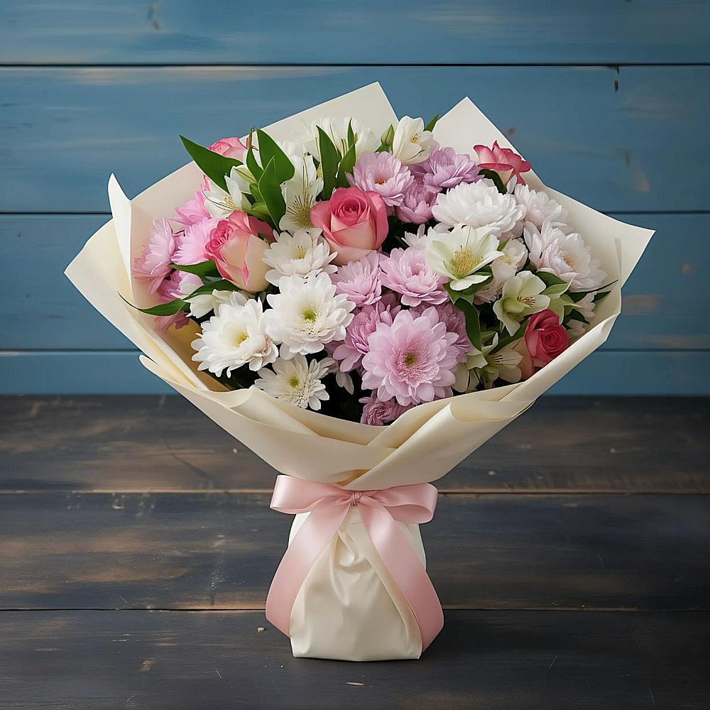 Букет цветов из: Хризантемы, Альстромерии и Розы в Шабровском